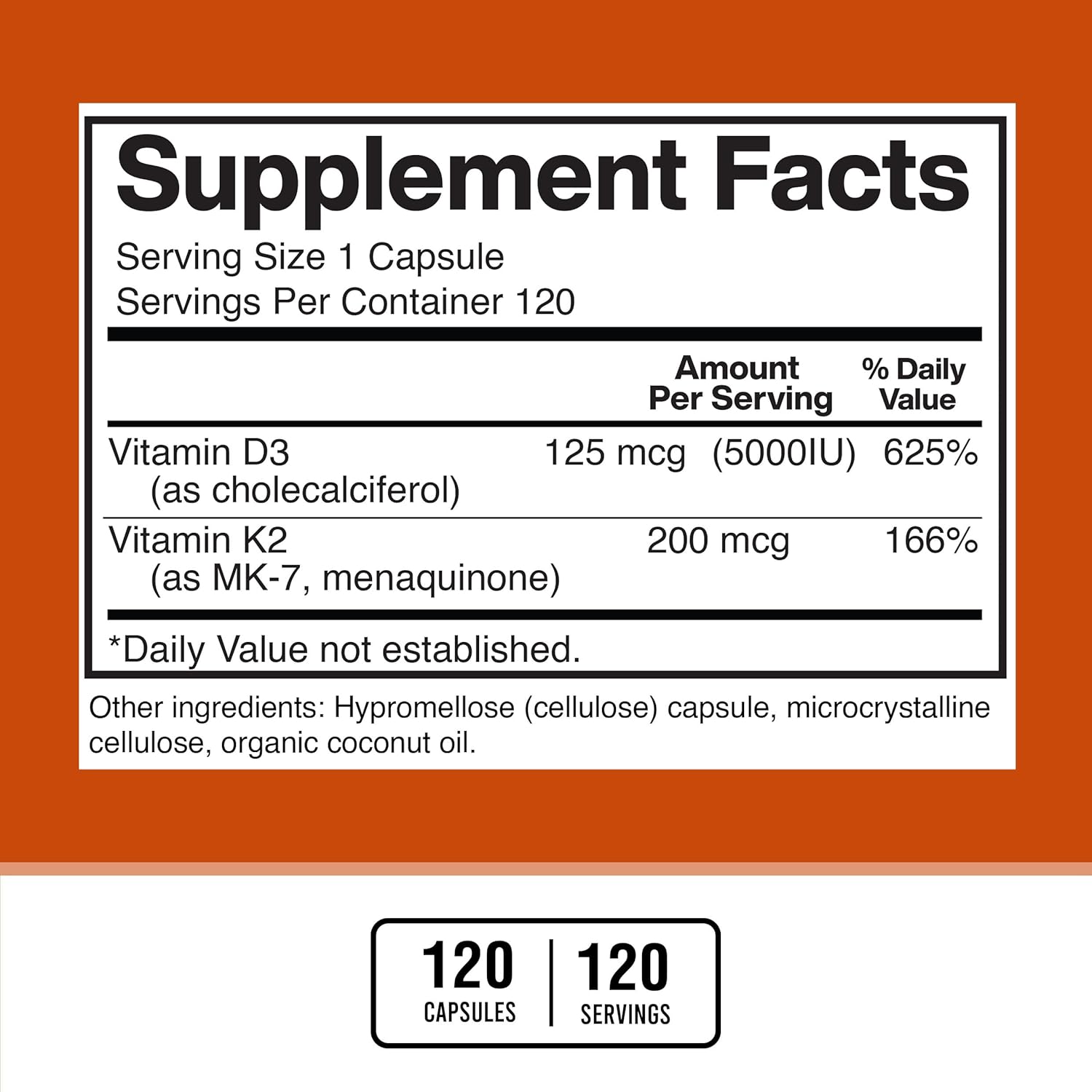 Premium American Standard Vitamin D3 5000 IU with Vitamin K2 (MK7) 200mcg - Gluten Free, Non-GMO - 120 Capsules, 120 Servings