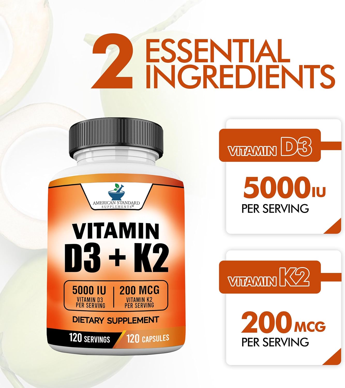 Premium American Standard Vitamin D3 5000 IU with Vitamin K2 (MK7) 200mcg - Gluten Free, Non-GMO - 120 Capsules, 120 Servings