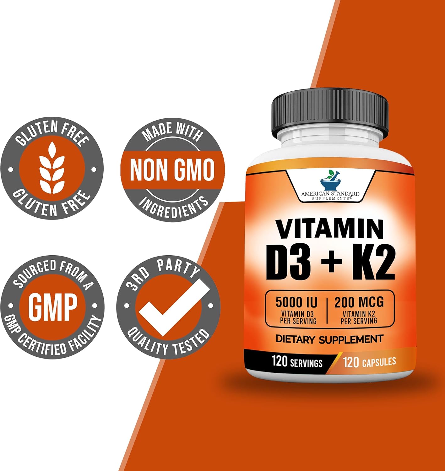 Premium American Standard Vitamin D3 5000 IU with Vitamin K2 (MK7) 200mcg - Gluten Free, Non-GMO - 120 Capsules, 120 Servings