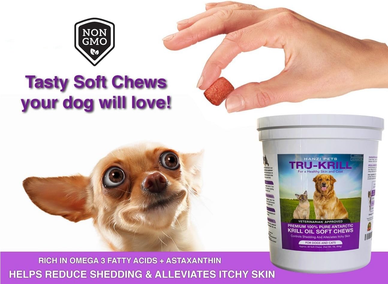 Premium Antarctic Krill Oil Soft Chews for Dogs | Omega 3, Astaxanthin, Vitamin E | Skin & Coat Support | Low Allergen & Calorie | Made in USA | 60 Chews