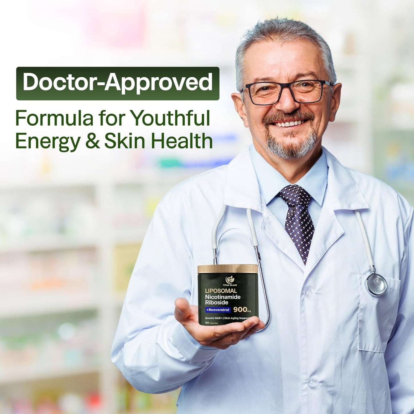 Premium Anti-Aging Supplement: TITAN BLAZE NAD+ Nicotinamide Riboside with Resveratrol & Quercetin - 80 Capsules, 900mg - Energy, Focus, Cellular Support
