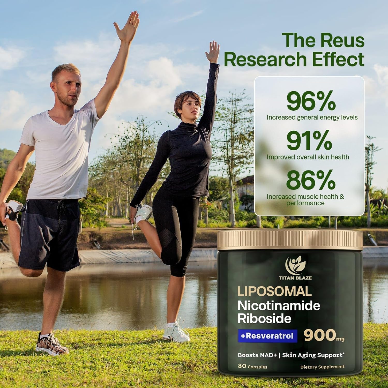 Premium Anti-Aging Supplement: TITAN BLAZE NAD+ Nicotinamide Riboside with Resveratrol & Quercetin - 80 Capsules, 900mg - Energy, Focus, Cellular Support