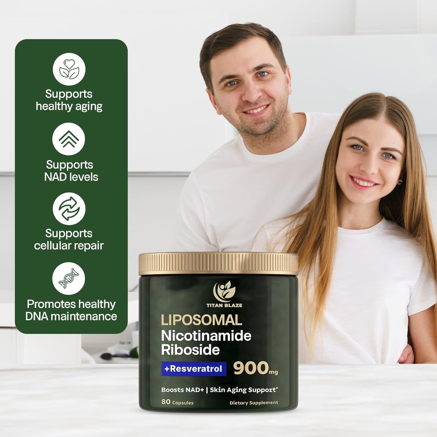 Premium Anti-Aging Supplement: TITAN BLAZE NAD+ Nicotinamide Riboside with Resveratrol & Quercetin - 80 Capsules, 900mg - Energy, Focus, Cellular Support