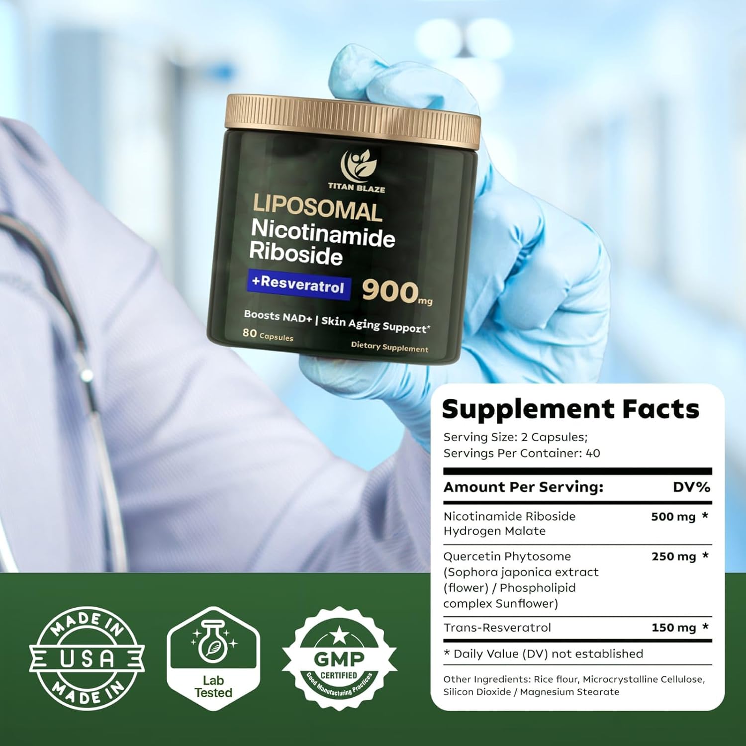 Premium Anti-Aging Supplement: TITAN BLAZE NAD+ Nicotinamide Riboside with Resveratrol & Quercetin - 80 Capsules, 900mg - Energy, Focus, Cellular Support