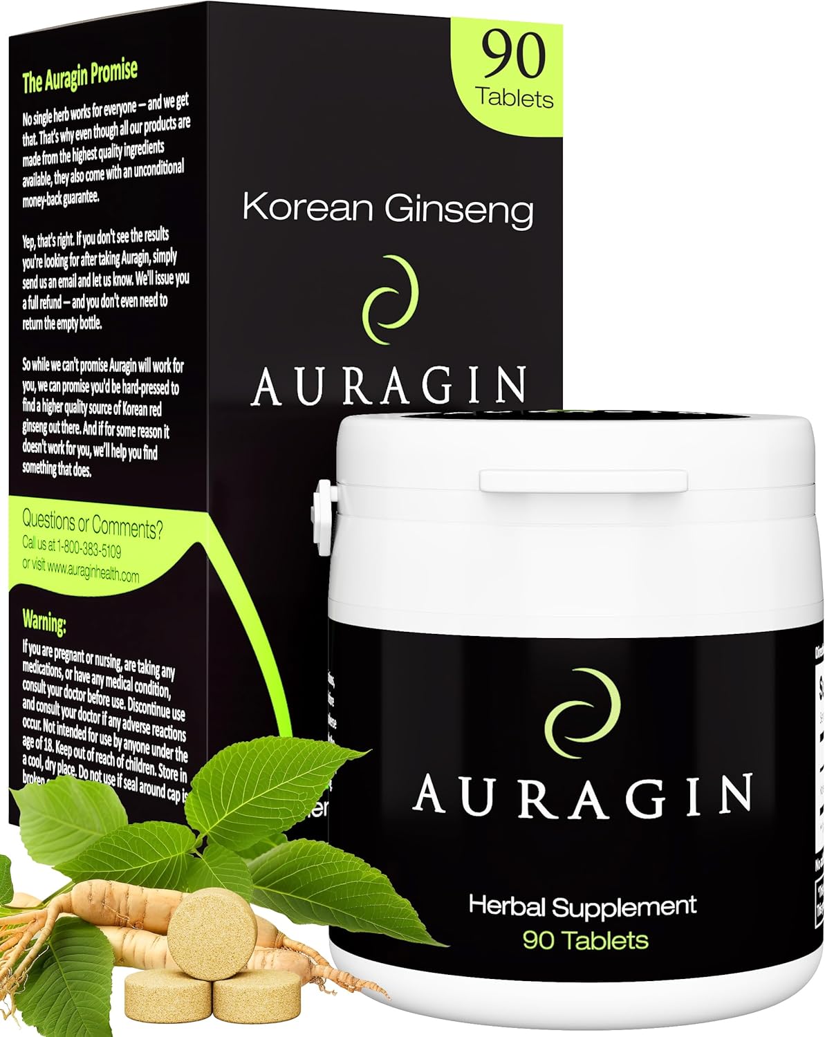 Premium Auragin Korean Red Ginseng Tablets - 100% Pure Red Panax Ginseng from Korea - 6 Year Roots - No Additives