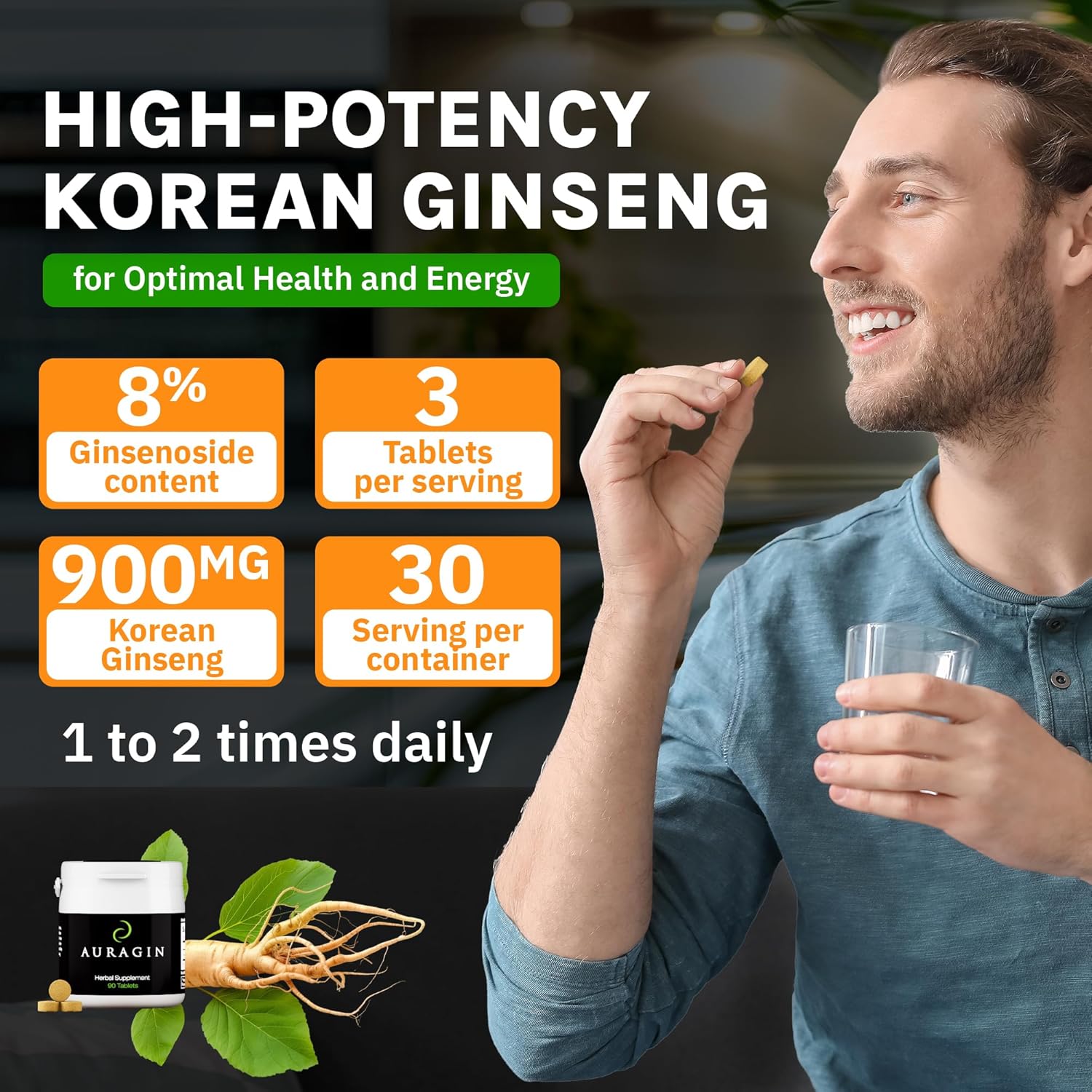Premium Auragin Korean Red Ginseng Tablets - 100% Pure Red Panax Ginseng from Korea - 6 Year Roots - No Additives