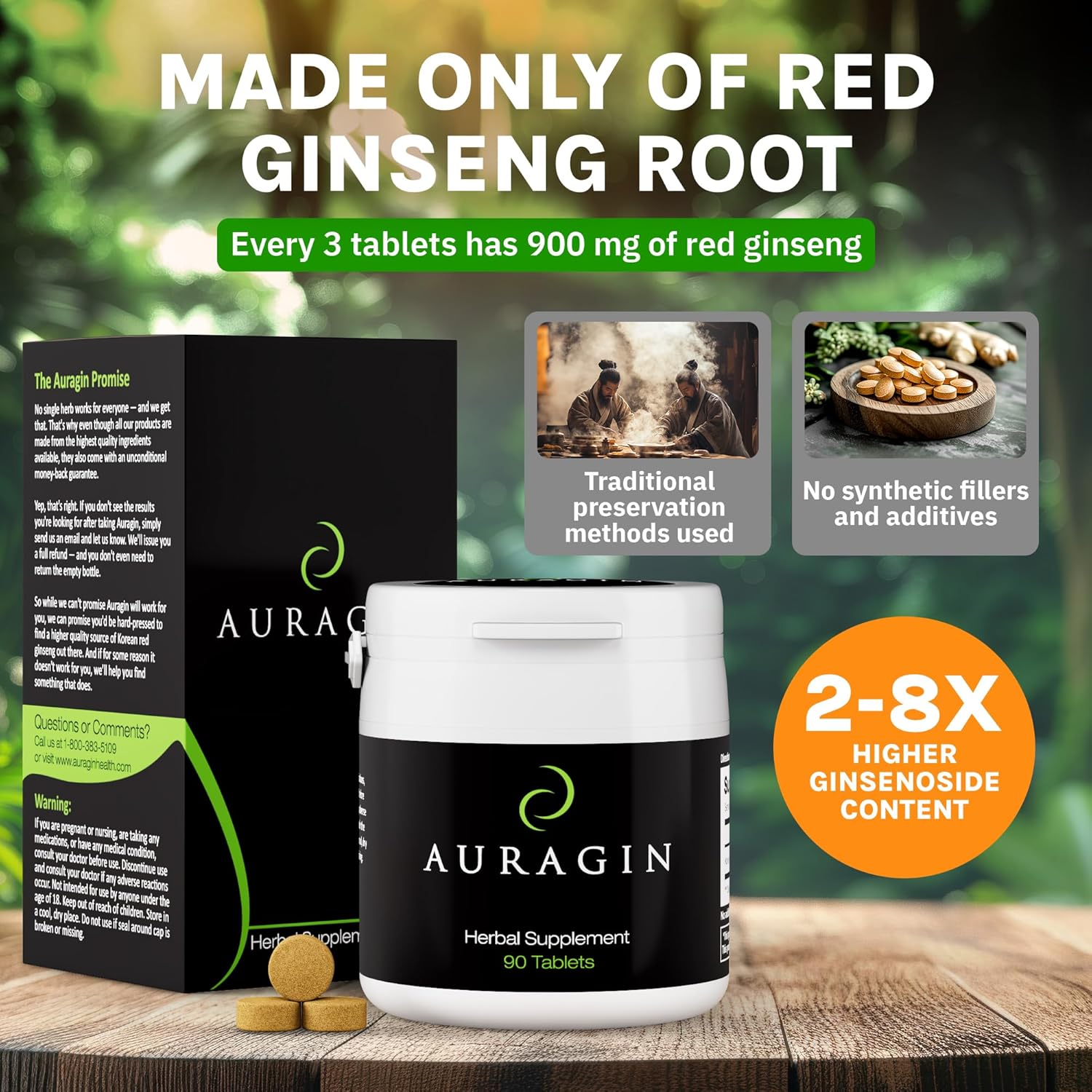 Premium Auragin Korean Red Ginseng Tablets - 100% Pure Red Panax Ginseng from Korea - 6 Year Roots - No Additives