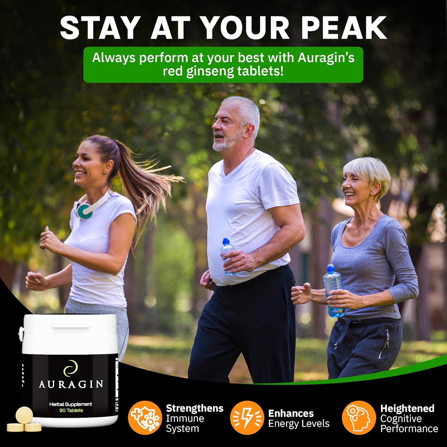 Premium Auragin Korean Red Ginseng Tablets - 100% Pure Red Panax Ginseng from Korea - 6 Year Roots - No Additives