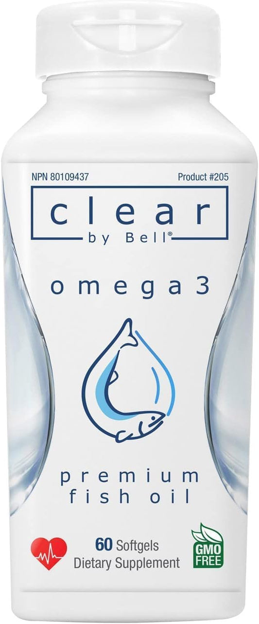 Premium Bell Clear Pure Omega 3 Fish Oil Supplements - 2000 mg, Burp Free, Clean & Clear, No Fishy Taste, Cholesterol Free, 60 Softgels
