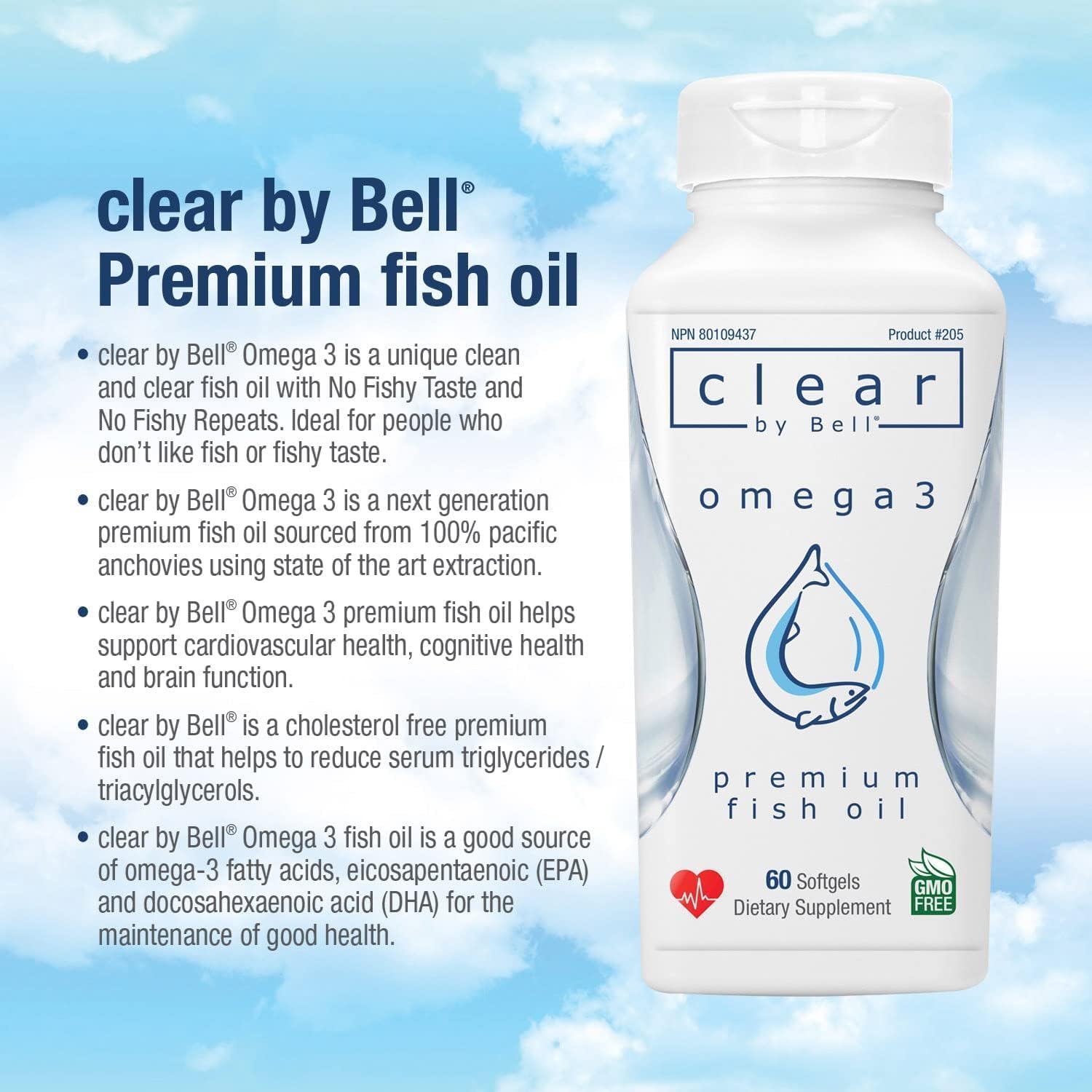 Premium Bell Clear Pure Omega 3 Fish Oil Supplements - 2000 mg, Burp Free, Clean & Clear, No Fishy Taste, Cholesterol Free, 60 Softgels