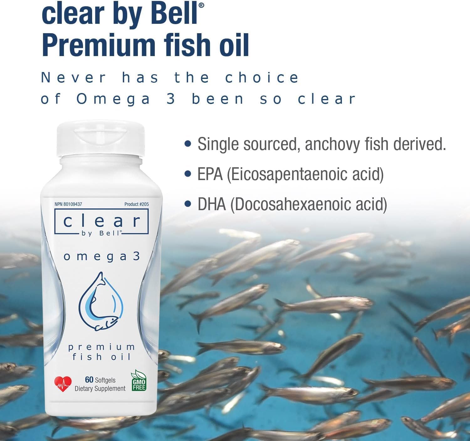 Premium Bell Clear Pure Omega 3 Fish Oil Supplements - 2000 mg, Burp Free, Clean & Clear, No Fishy Taste, Cholesterol Free, 60 Softgels