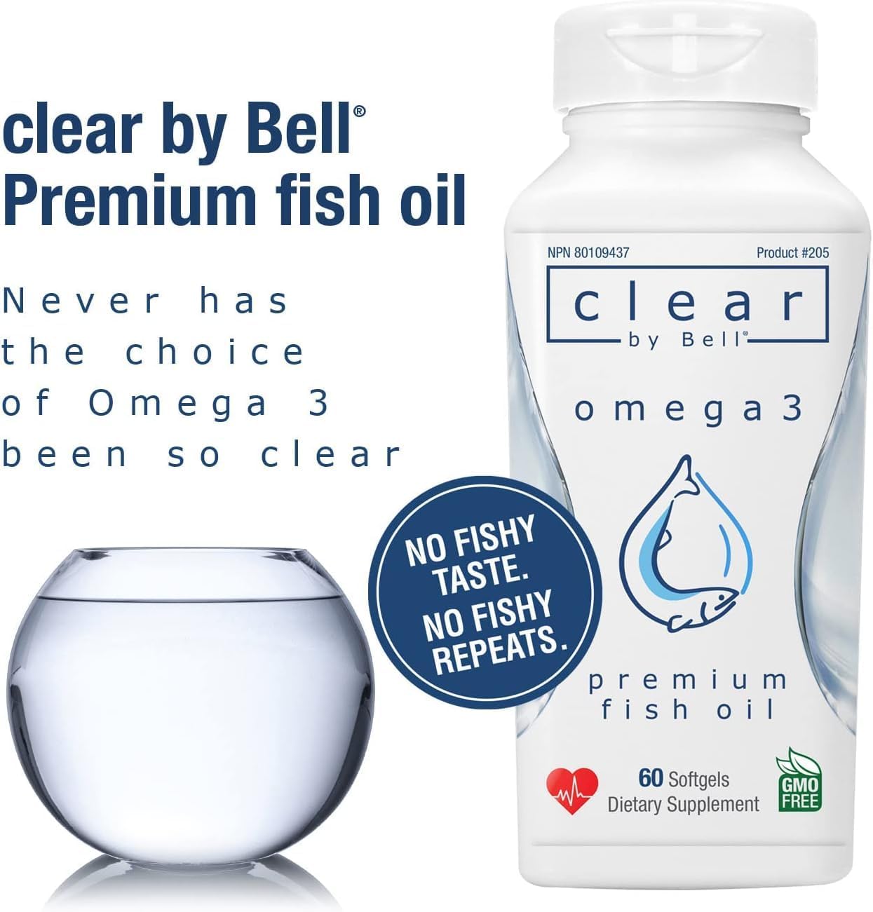 Premium Bell Clear Pure Omega 3 Fish Oil Supplements - 2000 mg, Burp Free, Clean & Clear, No Fishy Taste, Cholesterol Free, 60 Softgels