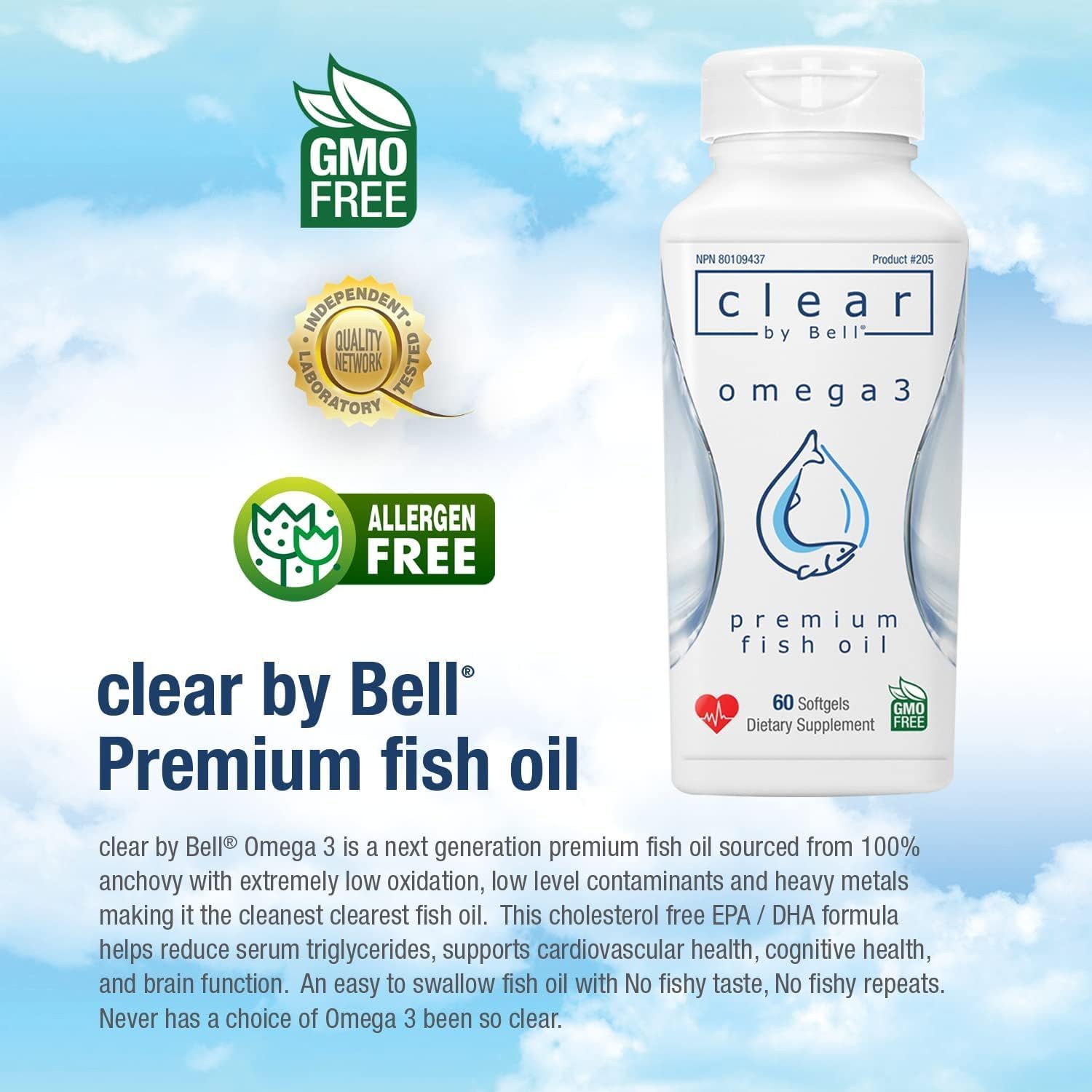 Premium Bell Clear Pure Omega 3 Fish Oil Supplements - 2000 mg, Burp Free, Clean & Clear, No Fishy Taste, Cholesterol Free, 60 Softgels