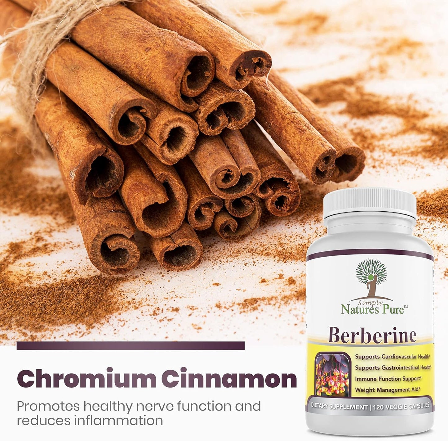 Premium Berberine HCl 500mg - 120 Capsules - Cardiovascular Gastrointestinal Immune Support - Chromium Cinnamon Supplement