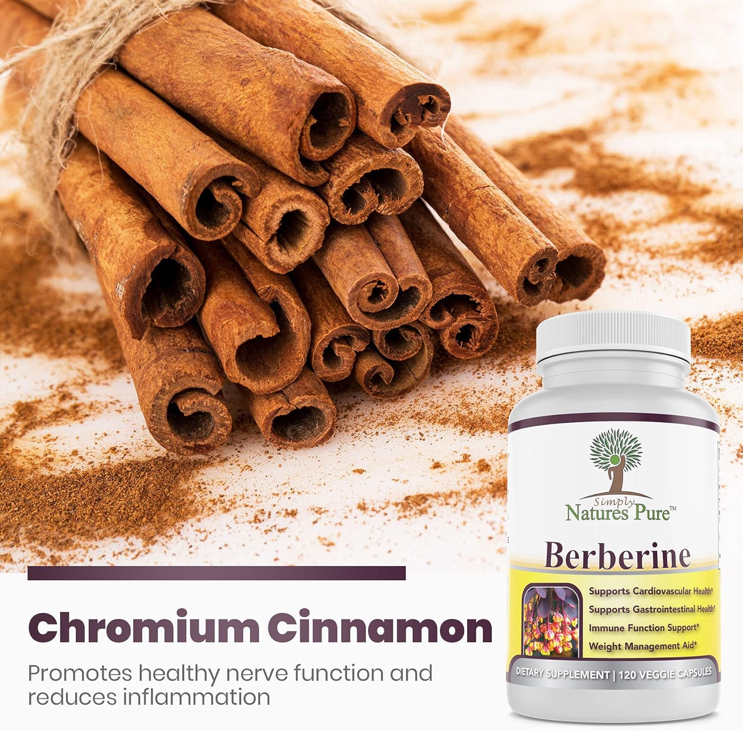 Premium Berberine HCl 500mg - 120 Capsules - Cardiovascular Gastrointestinal Immune Support - Chromium Cinnamon Supplement