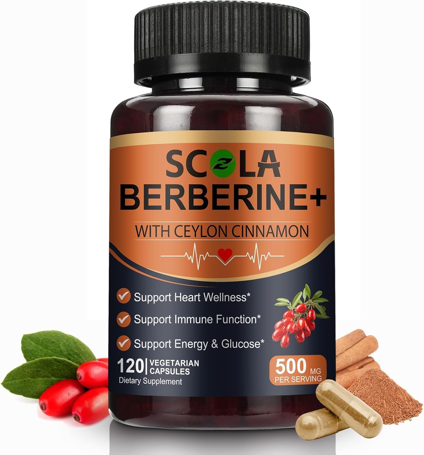 Premium Berberine HCL 500mg with Organic Ceylon Cinnamon - 120 Capsules - Supports Immune, Gut, and Heart Health - Vegan and Non-GMO Berberine HCI Supplement
