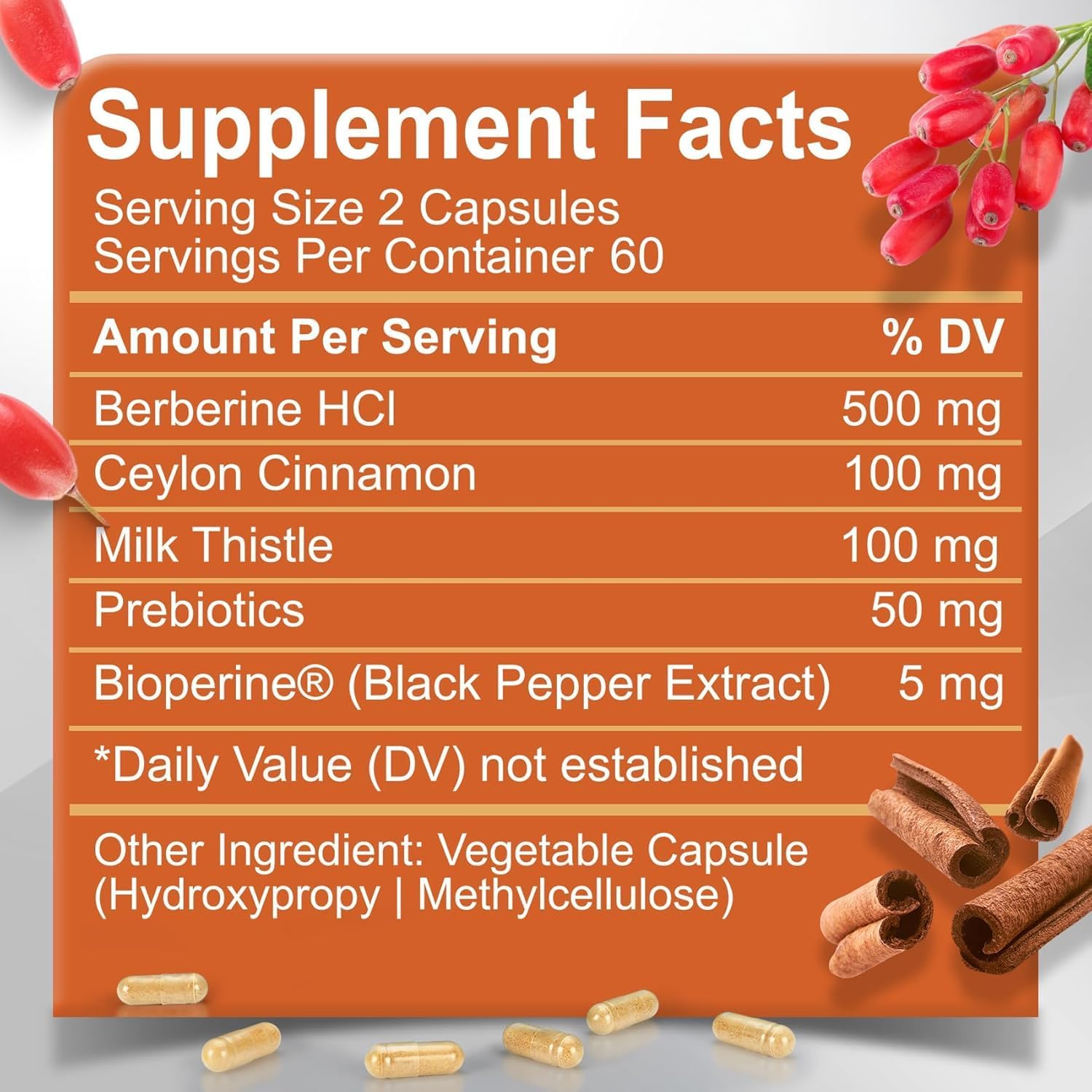 Premium Berberine HCL 500mg with Organic Ceylon Cinnamon - 120 Capsules - Supports Immune, Gut, and Heart Health - Vegan and Non-GMO Berberine HCI Supplement