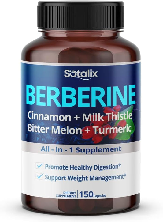 Premium Berberine Supplement with Ceylon Cinnamon, Bitter Melon, Milk Thistle - 150 Day Supply (150 Capsules)