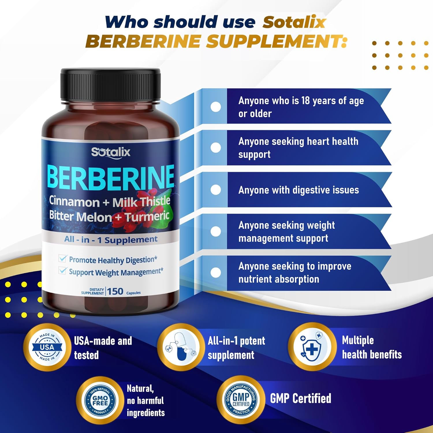 Premium Berberine Supplement with Ceylon Cinnamon, Bitter Melon, Milk Thistle - 150 Day Supply (150 Capsules)