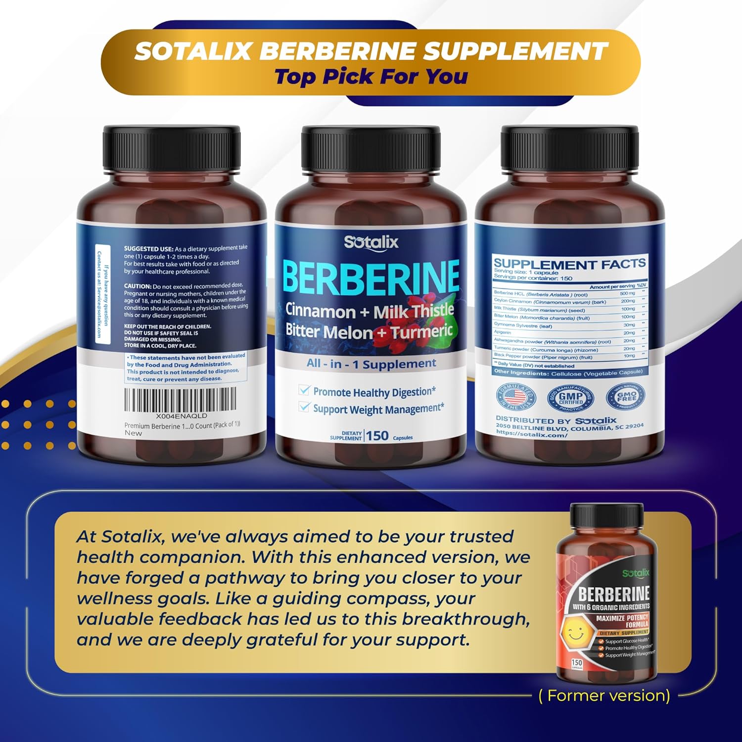 Premium Berberine Supplement with Ceylon Cinnamon, Bitter Melon, Milk Thistle - 150 Day Supply (150 Capsules)