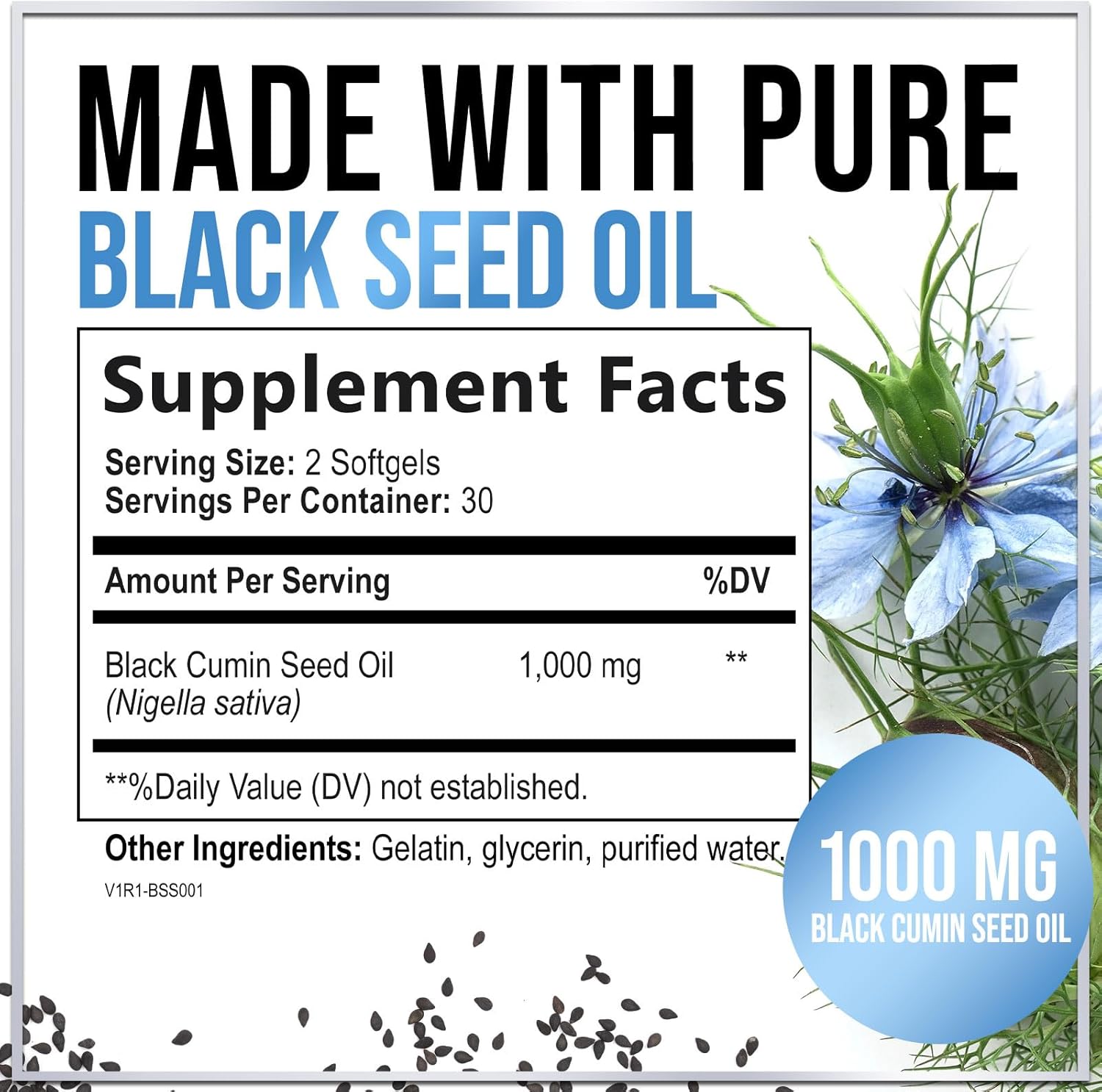 Premium Black Seed Oil Capsules 1000mg - Non-GMO & Vegan, Immune Support & Skin Health - Pure Nigella Sativa Black Cumin Seed Oil - 60 Softgels