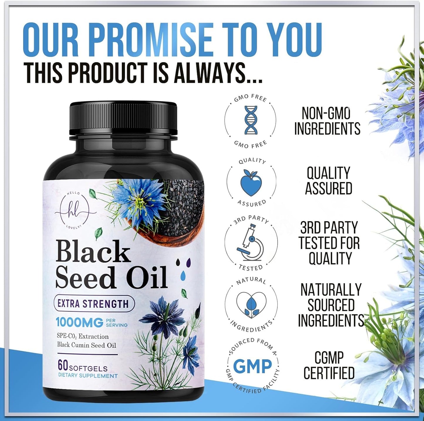 Premium Black Seed Oil Capsules 1000mg - Non-GMO & Vegan, Immune Support & Skin Health - Pure Nigella Sativa Black Cumin Seed Oil - 60 Softgels