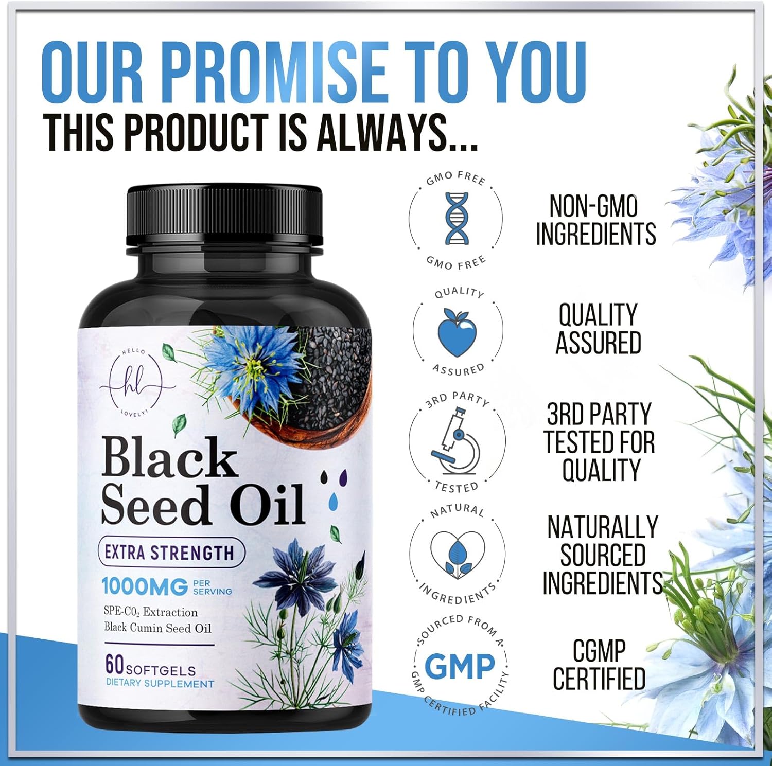 Premium Black Seed Oil Capsules 1000mg - Non-GMO & Vegan, Immune Support & Skin Health - Pure Nigella Sativa Black Cumin Seed Oil - 60 Softgels