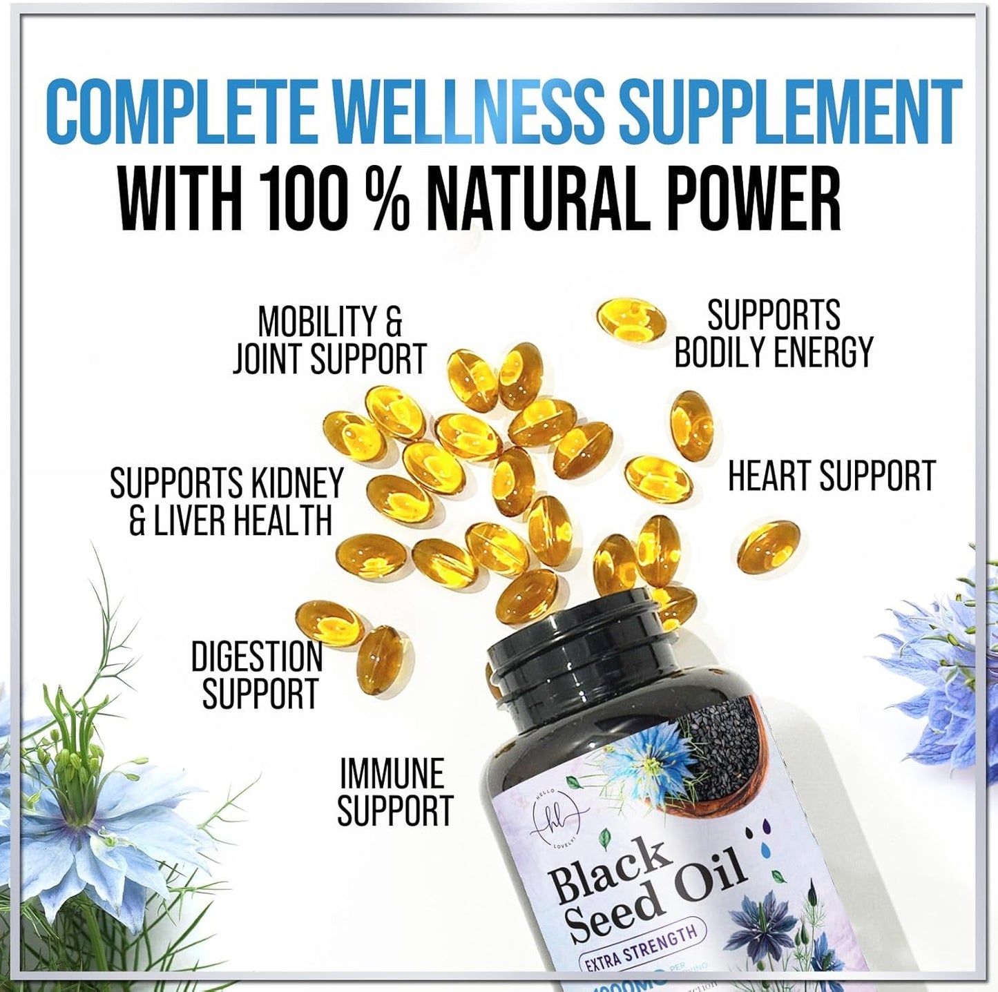 Premium Black Seed Oil Capsules 1000mg - Non-GMO & Vegan, Immune Support & Skin Health - Pure Nigella Sativa Black Cumin Seed Oil - 60 Softgels