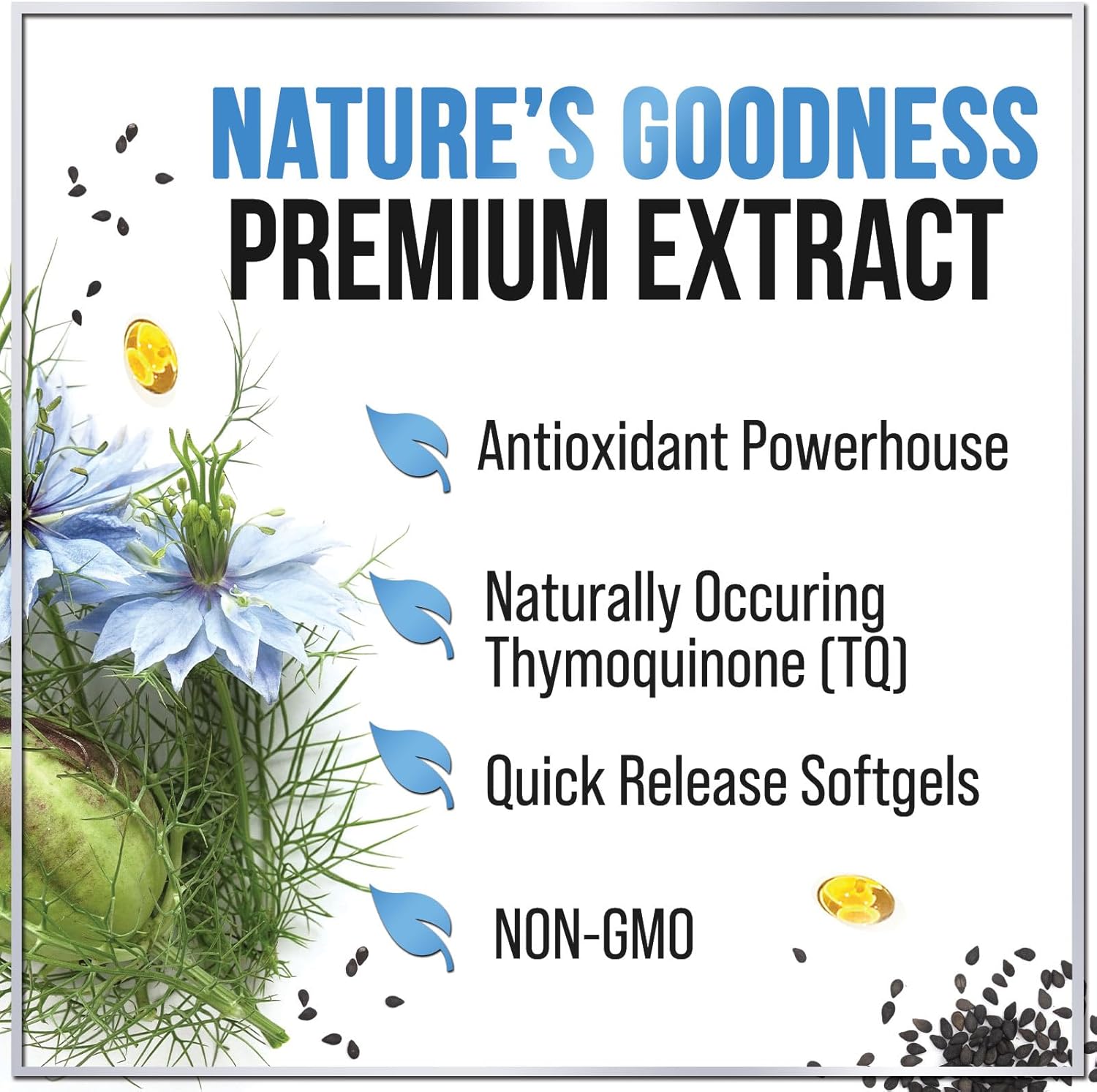 Premium Black Seed Oil Capsules 1000mg - Non-GMO & Vegan, Immune Support & Skin Health - Pure Nigella Sativa Black Cumin Seed Oil - 60 Softgels