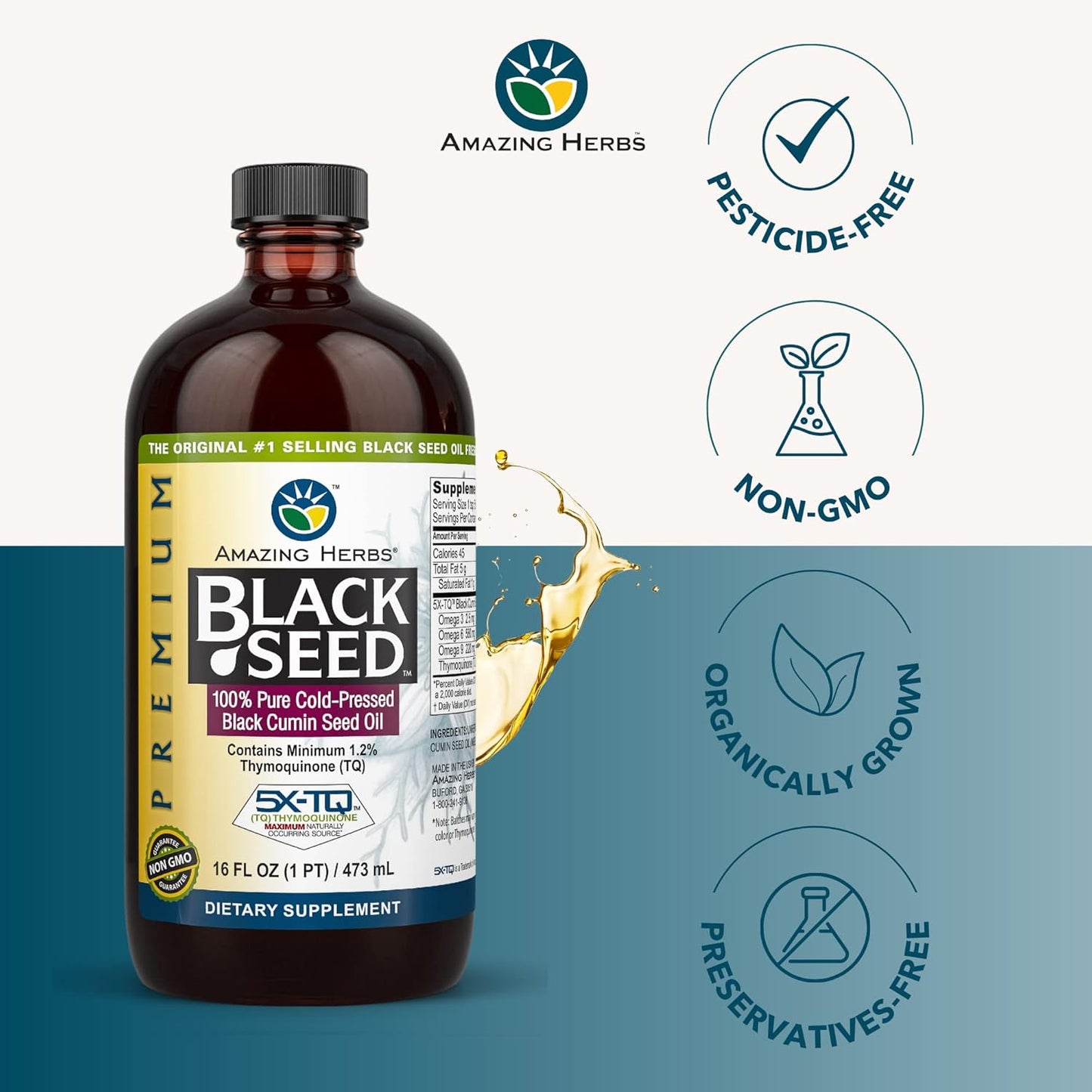 Premium Black Seed Oil for Digestive & Immune Support - Cold Pressed Nigella Sativa - Gluten Free, Non GMO - 16 Fl Oz (2 Pack)