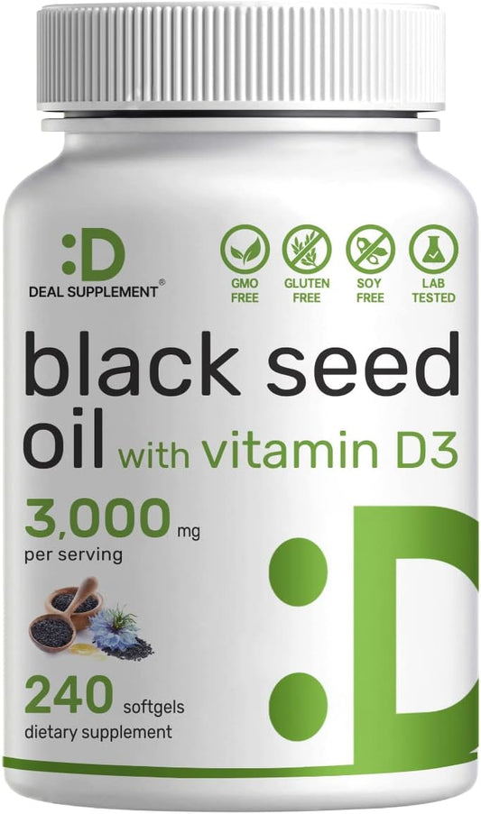 Premium Black Seed Oil Softgels with Vitamin D3 for Immune, Heart, Joint & Bone Health - 240ct