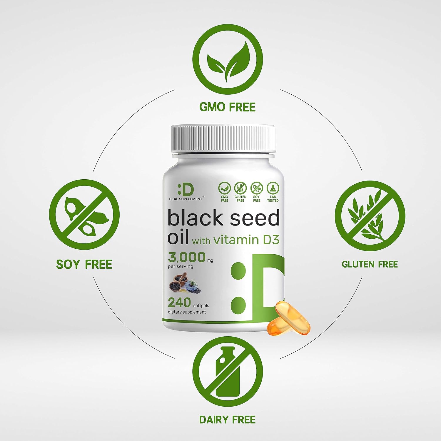 Premium Black Seed Oil Softgels with Vitamin D3 for Immune, Heart, Joint & Bone Health - 240ct