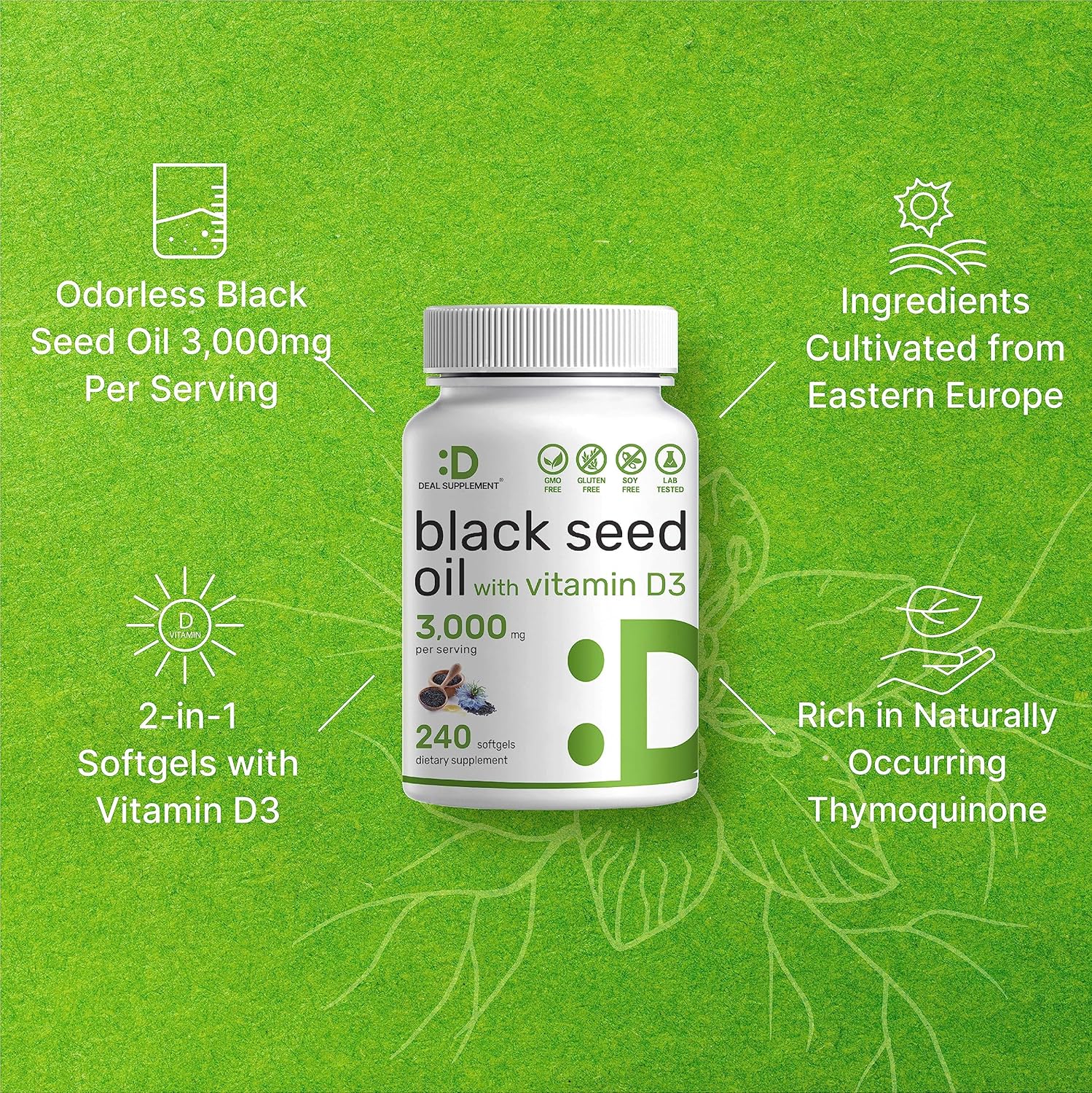 Premium Black Seed Oil Softgels with Vitamin D3 for Immune, Heart, Joint & Bone Health - 240ct