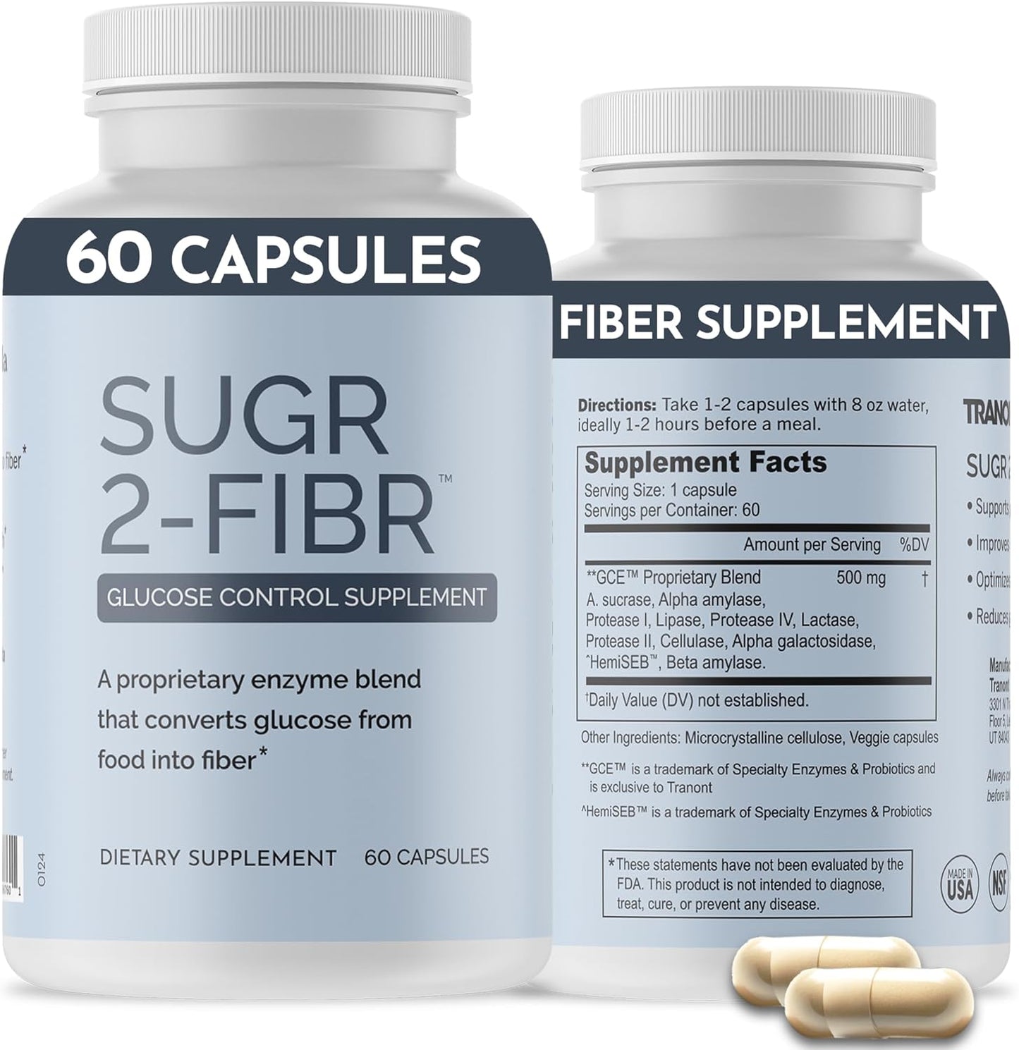 Premium Blood Sugar Support Supplement - OPTIVIDA Sugr-2-Fibr (60 Count) - Promotes Healthy Glucose Metabolism with Fiber - Gluten Free, Non GMO Veggie Capsules.