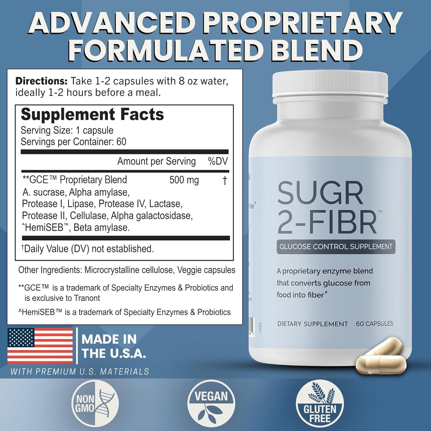 Premium Blood Sugar Support Supplement - OPTIVIDA Sugr-2-Fibr (60 Count) - Promotes Healthy Glucose Metabolism with Fiber - Gluten Free, Non GMO Veggie Capsules.