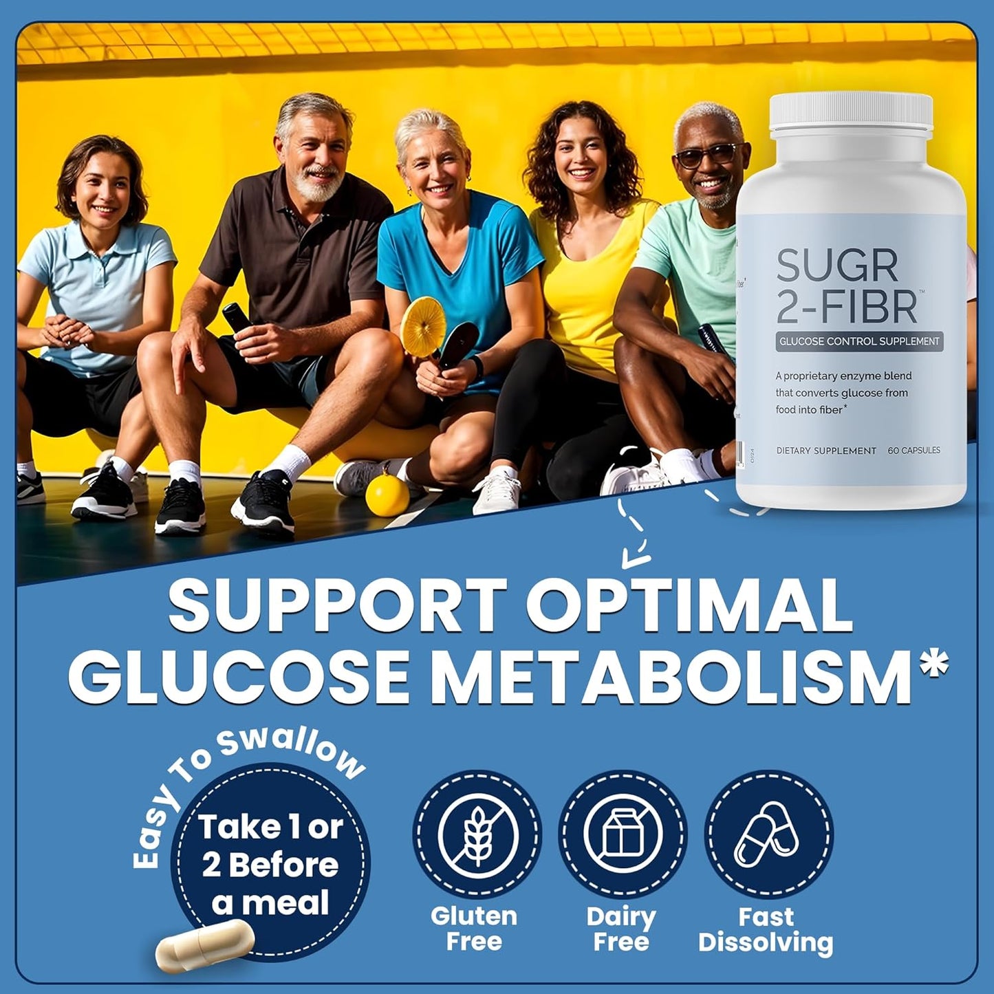 Premium Blood Sugar Support Supplement - OPTIVIDA Sugr-2-Fibr (60 Count) - Promotes Healthy Glucose Metabolism with Fiber - Gluten Free, Non GMO Veggie Capsules.