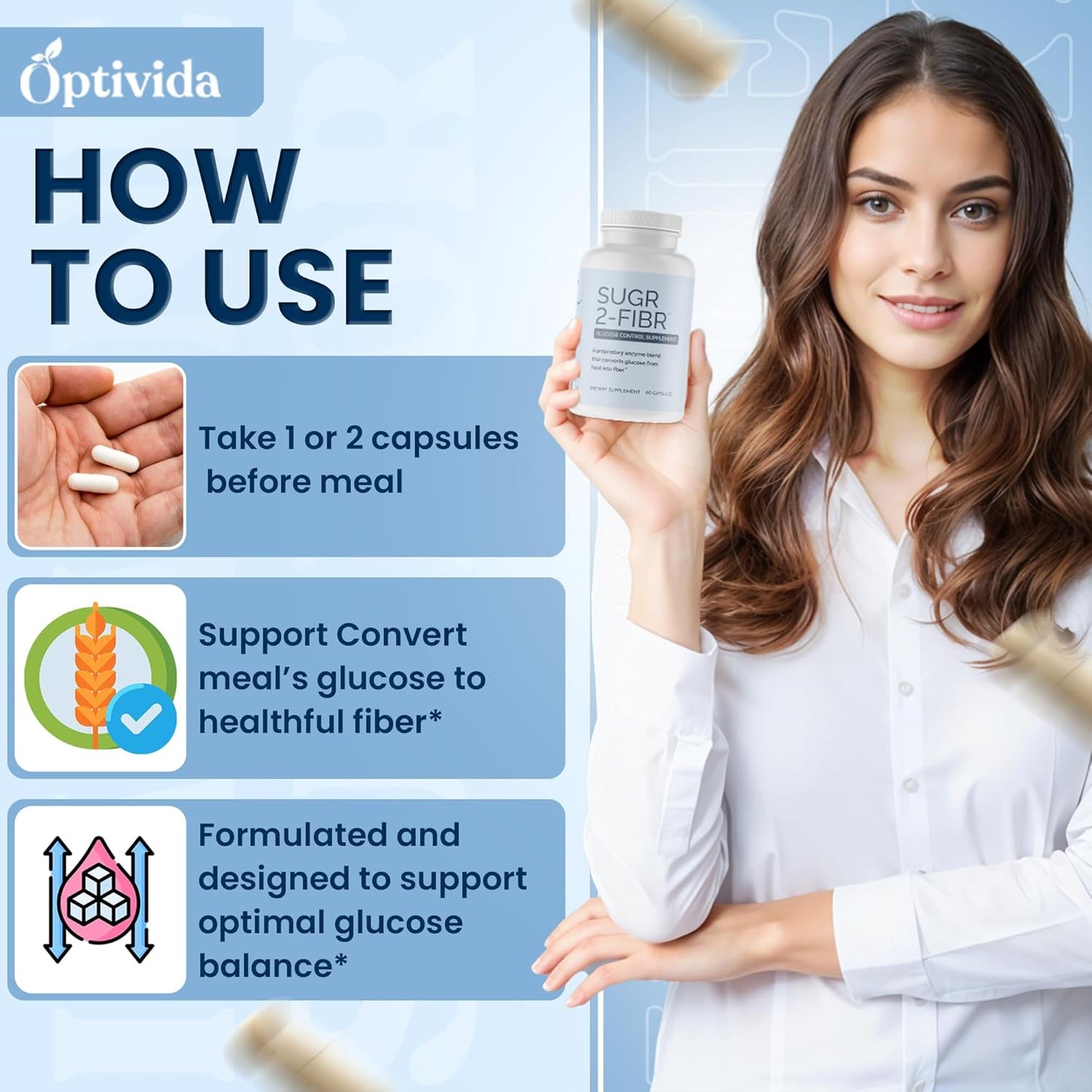 Premium Blood Sugar Support Supplement - OPTIVIDA Sugr-2-Fibr (60 Count) - Promotes Healthy Glucose Metabolism with Fiber - Gluten Free, Non GMO Veggie Capsules.