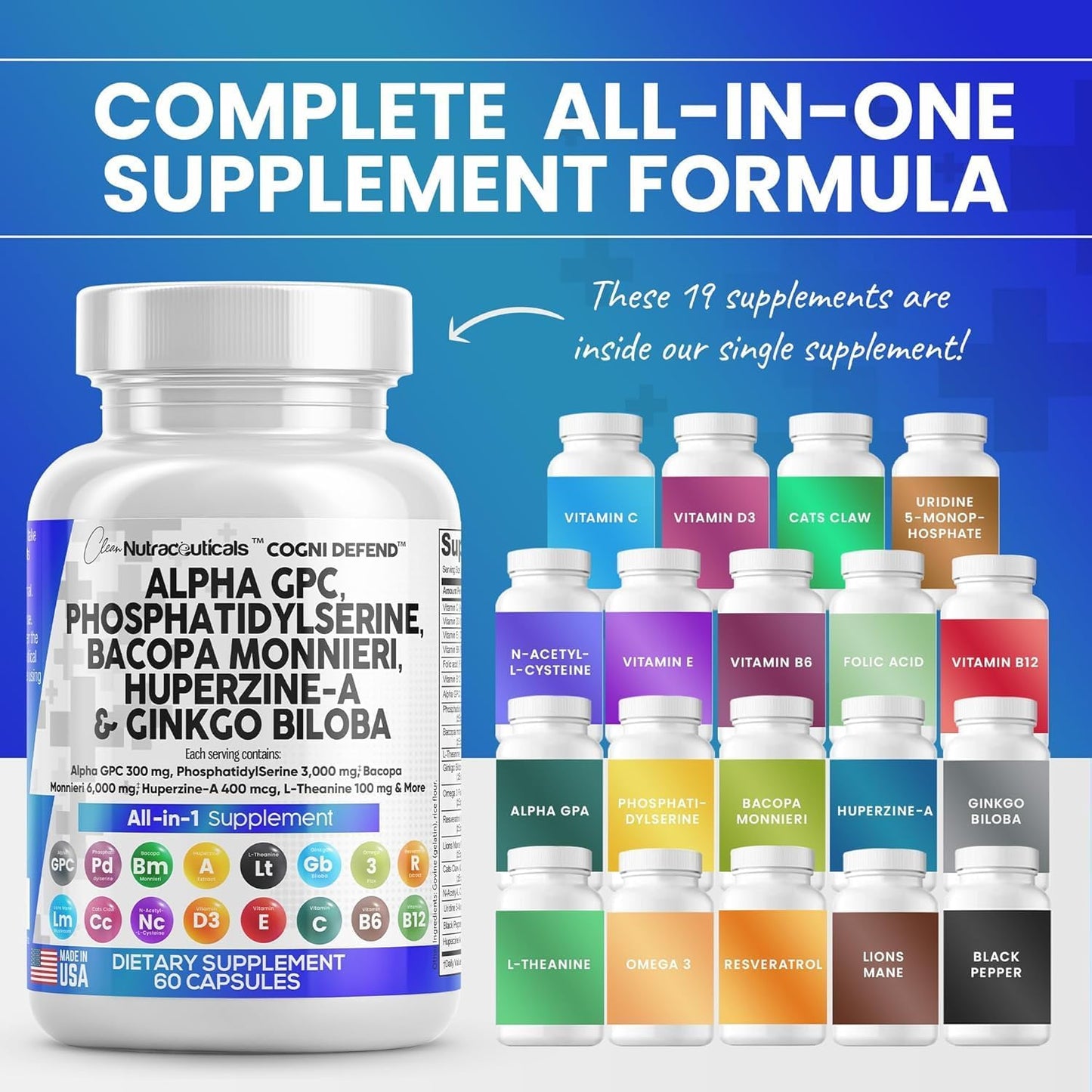 Premium Brain Health Supplement with Alpha GPC, Choline, Bacopa Monnieri, Ginkgo Biloba, Huperzine A, Lions Mane, Cats Claw, NAC, Vitamins C, B, D, E, and Uridine