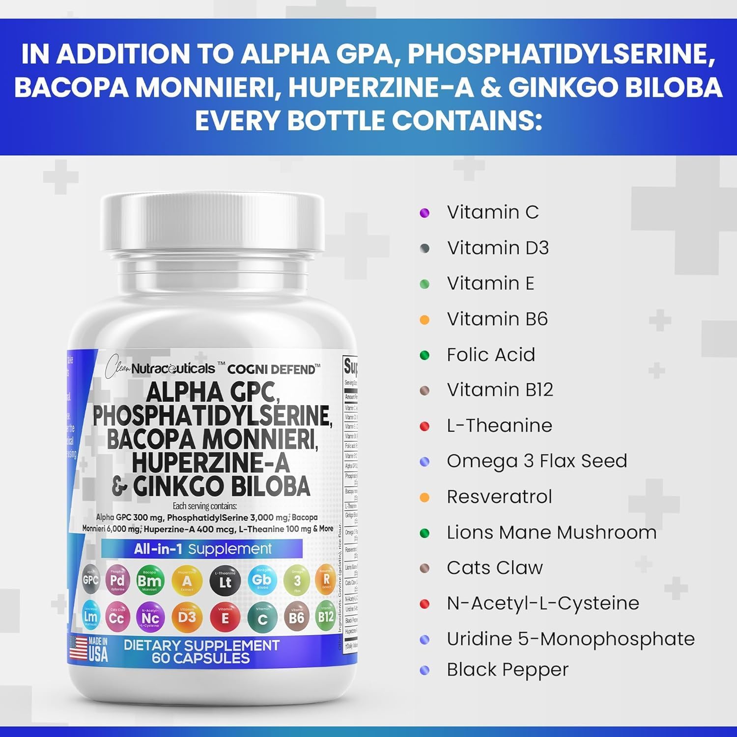 Premium Brain Health Supplement with Alpha GPC, Choline, Bacopa Monnieri, Ginkgo Biloba, Huperzine A, Lions Mane, Cats Claw, NAC, Vitamins C, B, D, E, and Uridine