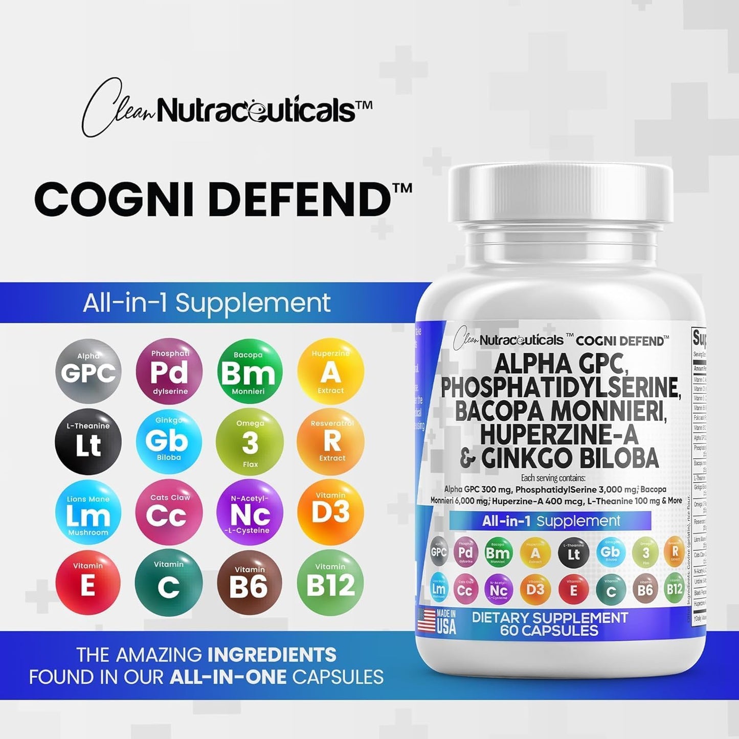 Premium Brain Health Supplement with Alpha GPC, Choline, Bacopa Monnieri, Ginkgo Biloba, Huperzine A, Lions Mane, Cats Claw, NAC, Vitamins C, B, D, E, and Uridine