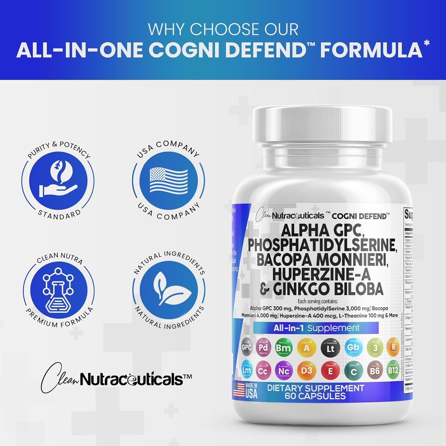 Premium Brain Health Supplement with Alpha GPC, Choline, Bacopa Monnieri, Ginkgo Biloba, Huperzine A, Lions Mane, Cats Claw, NAC, Vitamins C, B, D, E, and Uridine