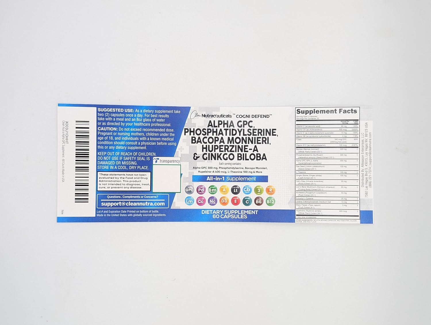 Premium Brain Health Supplement with Alpha GPC, Choline, Bacopa Monnieri, Ginkgo Biloba, Huperzine A, Lions Mane, Cats Claw, NAC, Vitamins C, B, D, E, and Uridine