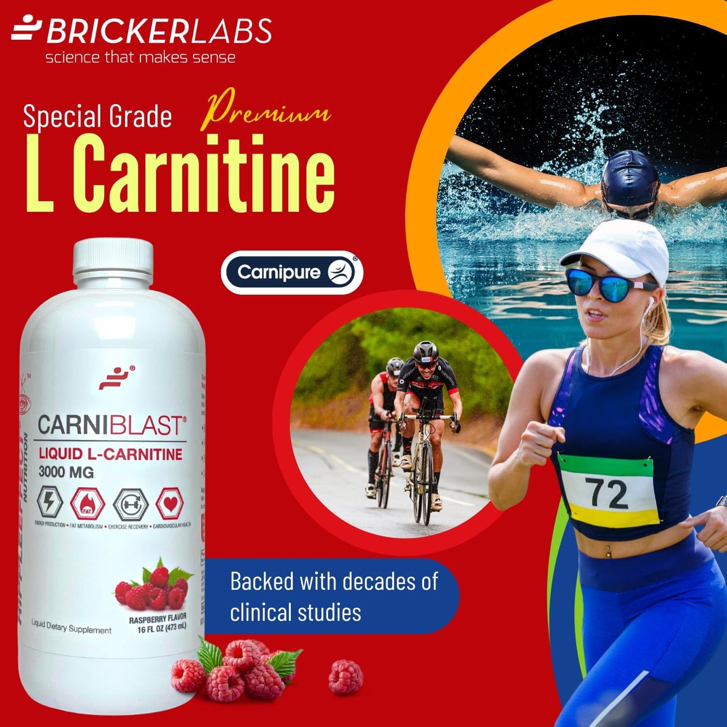 Premium Bricker Labs CARNIBLAST Liquid L-Carnitine 3000mg Energy Supplement, Raspberry Flavor - 16 fl oz