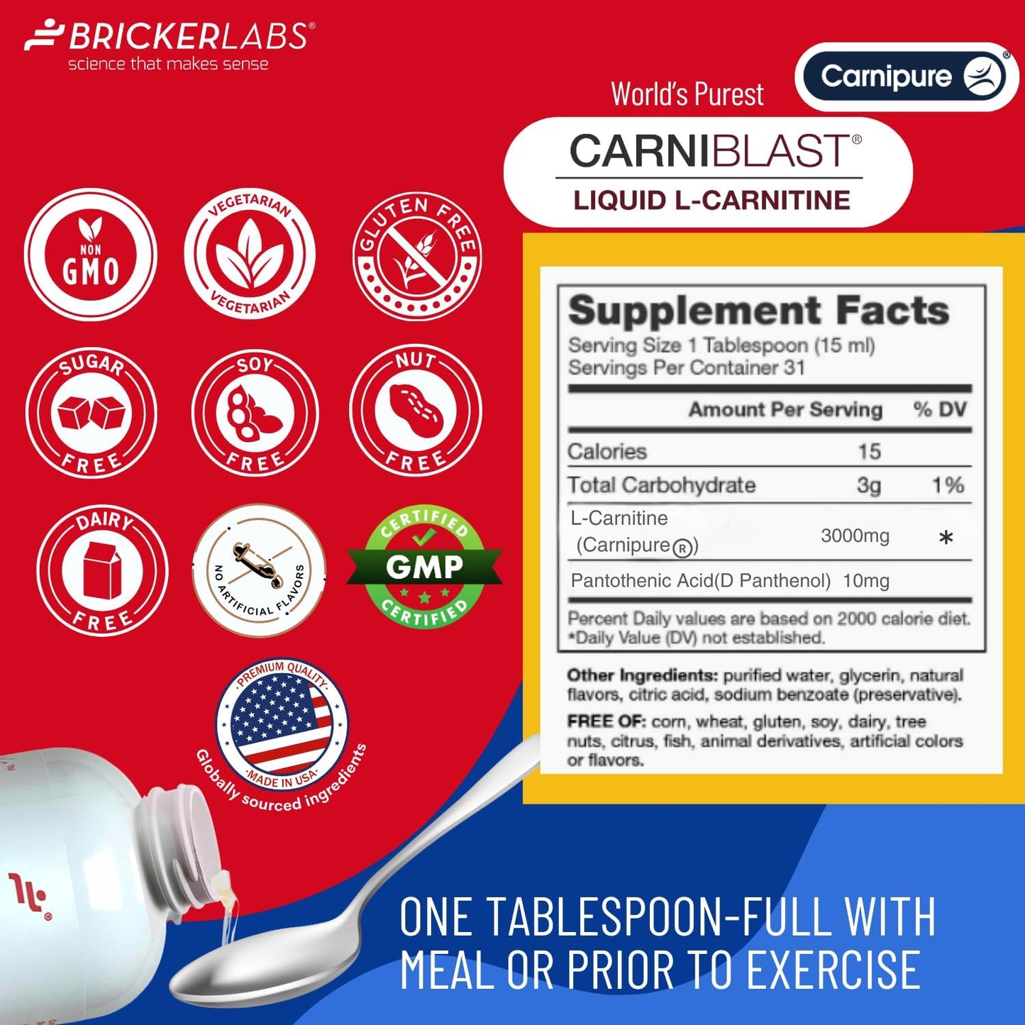 Premium Bricker Labs CARNIBLAST Liquid L-Carnitine 3000mg Energy Supplement, Raspberry Flavor - 16 fl oz