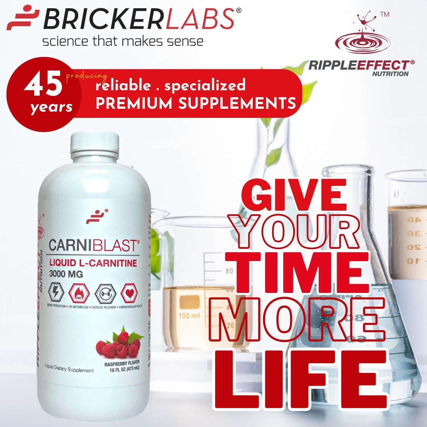 Premium Bricker Labs CARNIBLAST Liquid L-Carnitine 3000mg Energy Supplement, Raspberry Flavor - 16 fl oz