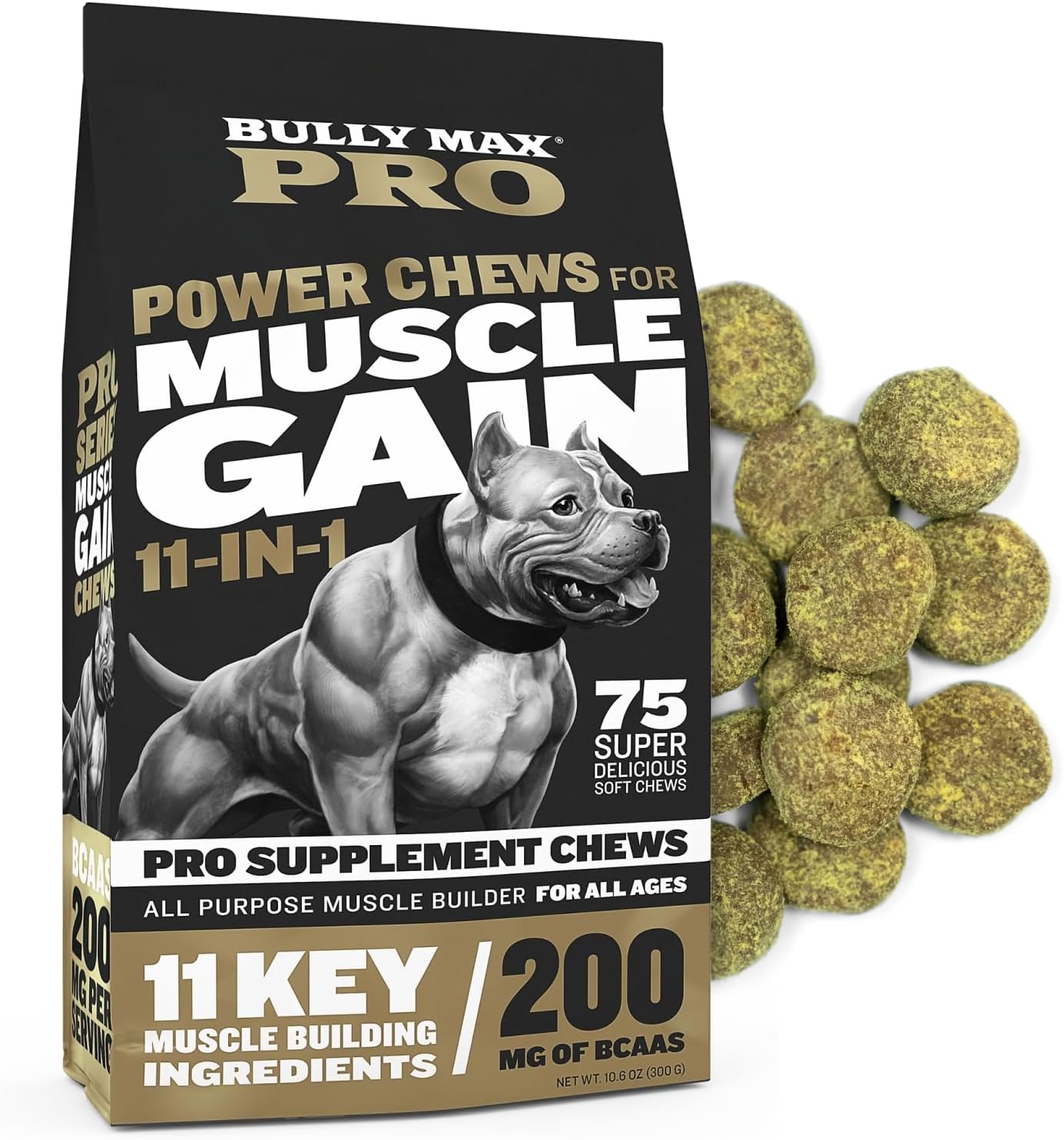 Premium Bully Max Muscle Builder Chews for Dogs - 11-in-1 High Protein Supplement with Amino Acids - Healthy Treats for Puppies & Adults - 75 Soft Chews for All Breeds