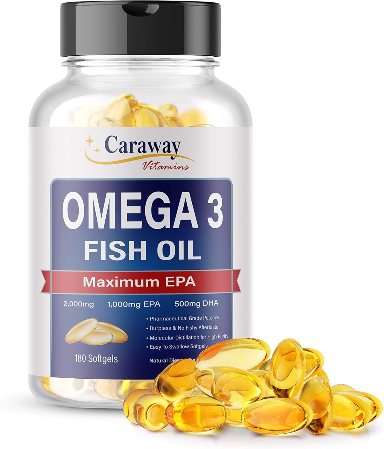 Premium Caraway Vitamins Omega 3 Fish Oil 2,000mg - Pharmaceutical Grade. High EPA & DHA Content, Non-Fishy Aftertaste. Natural, Organic, Non-GMO, Gluten-Free Men & Women.