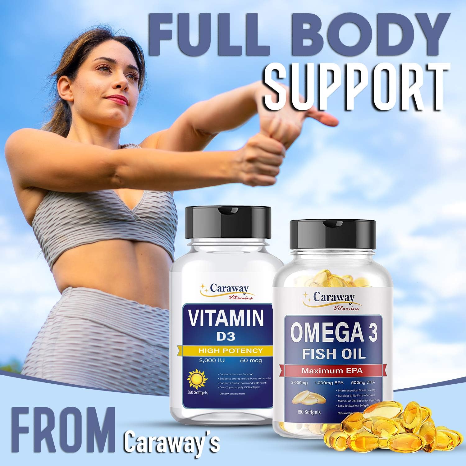 Premium Caraway Vitamins Omega 3 Fish Oil 2,000mg - Pharmaceutical Grade. High EPA & DHA Content, Non-Fishy Aftertaste. Natural, Organic, Non-GMO, Gluten-Free Men & Women.