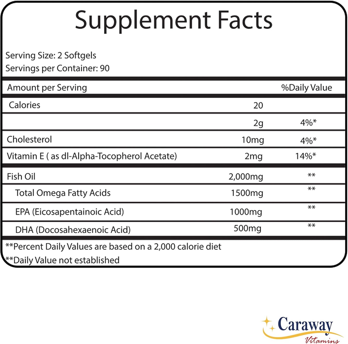 Premium Caraway Vitamins Omega 3 Fish Oil 2,000mg - Pharmaceutical Grade. High EPA & DHA Content, Non-Fishy Aftertaste. Natural, Organic, Non-GMO, Gluten-Free Men & Women.