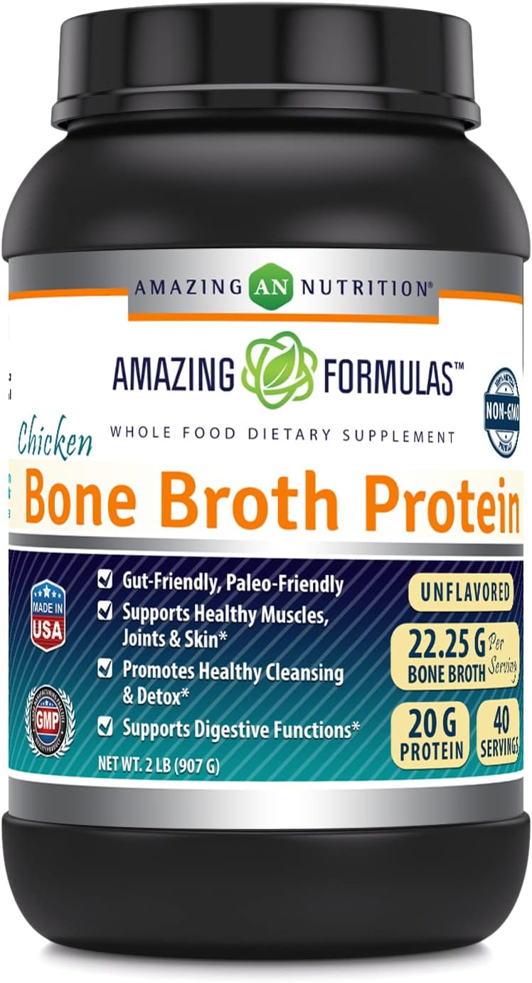 Premium Chicken Bone Broth Protein Powder Supplement | Unflavored | Non-GMO | Gluten Free | Made in USA | 2 Lb